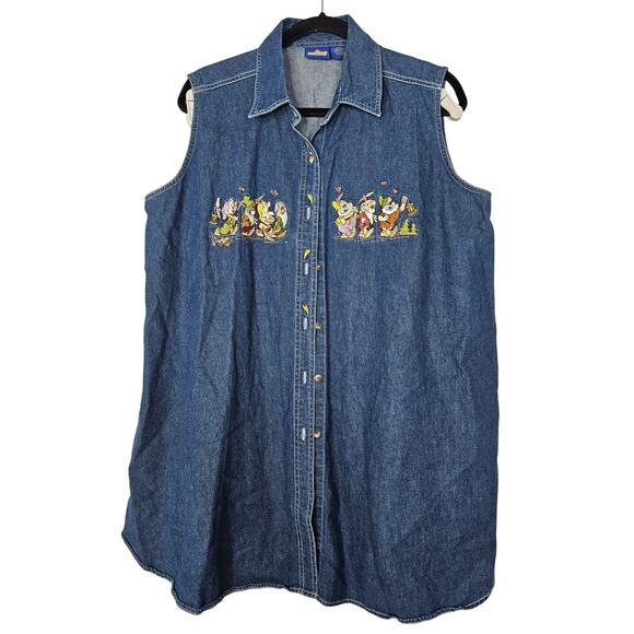 Vintage 90s Disney L 7 Dwarves Snow White Chambray Sleeveless Top Embroidered - Picture 1 of 5